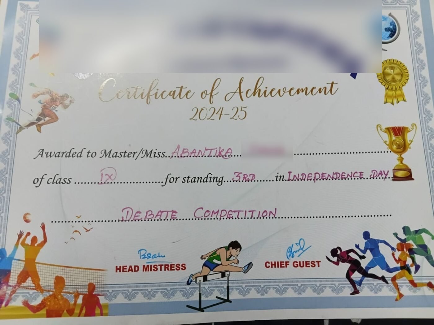 Certificate of Achievement for third place in the Independence Day debate competition, surname and school redacted.