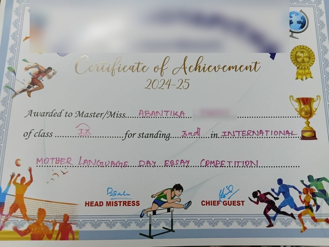 Certificate of Achievement for third place in the International Mother Language Day essay competition, surname and school redacted.