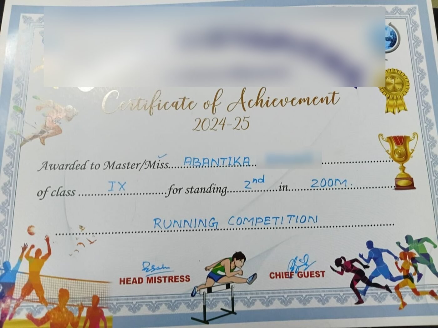 Certificate of Achievement for second place in the 200 metres, surname and school redacted.